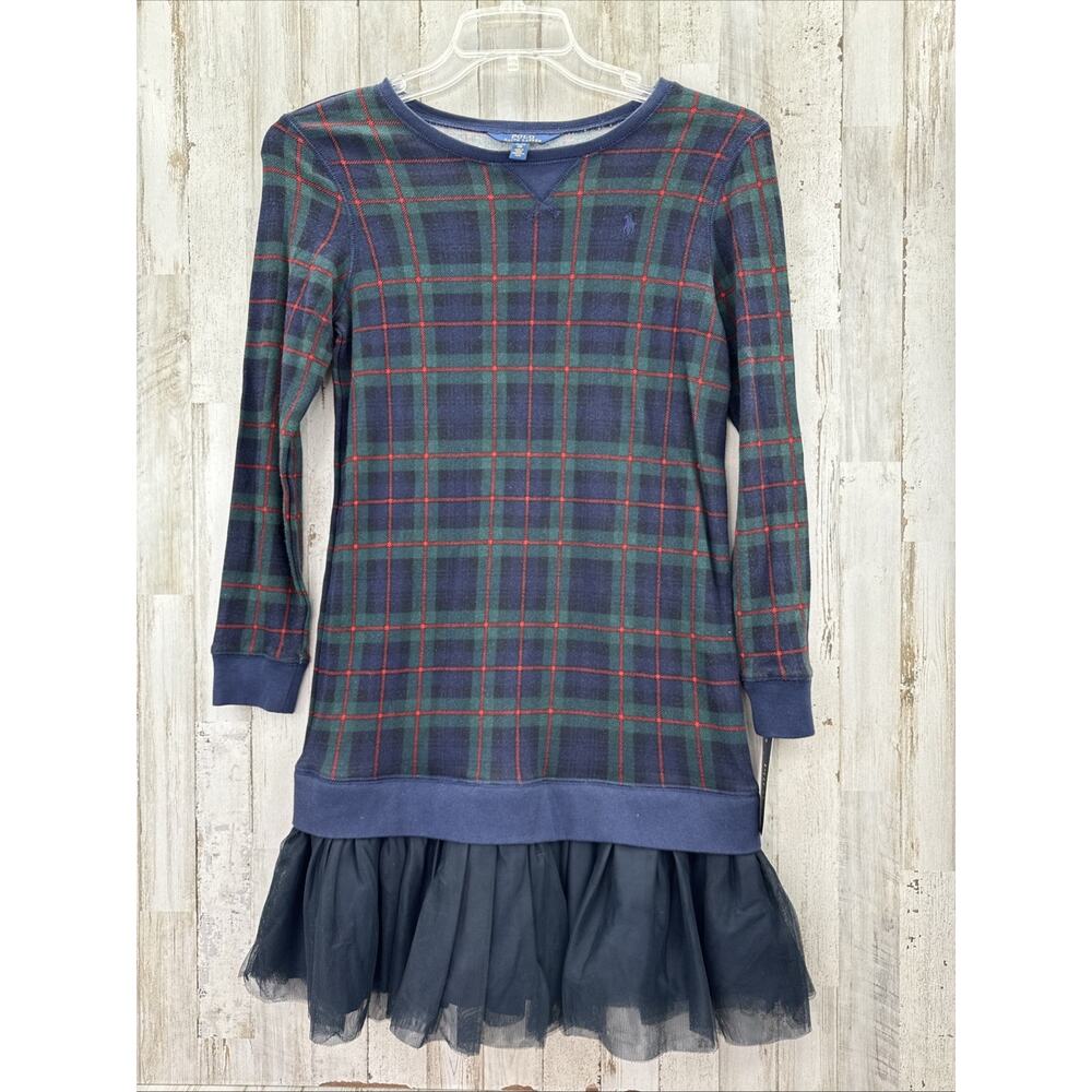 Polo Ralph Lauren Girls XL (16) Tartan Plaid Tulle Ruffle Sweater Dress New